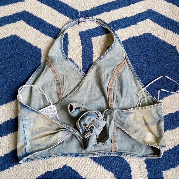 π ZARA DENIM ACID WASH HALTER STYLE BACK TIE CROP TOP! - Picture 8 of 15